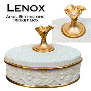 Lenox China April Birthstone Trinket Box Oval Ivory Gold Treasures Collection